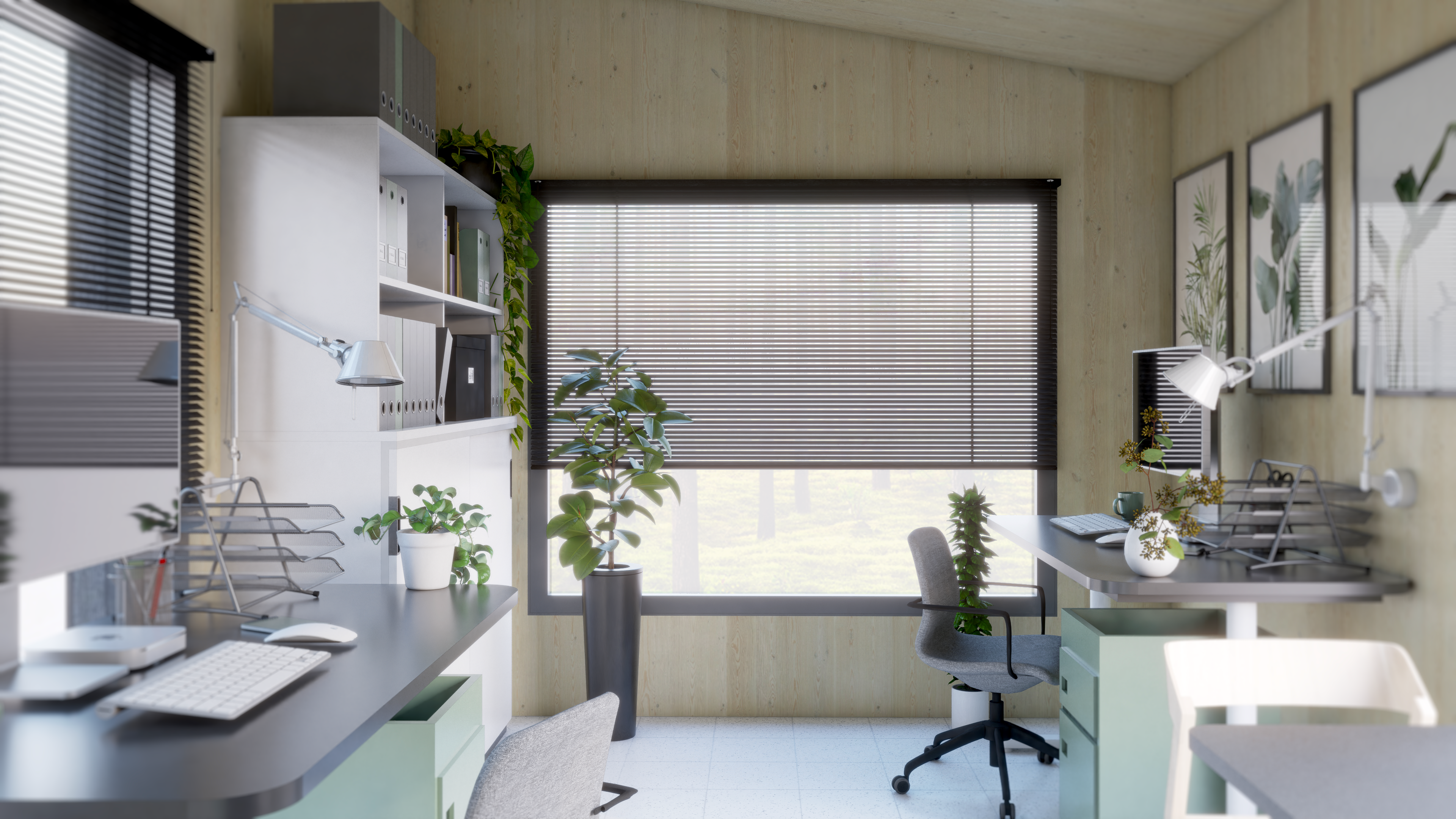Innenansicht des Büromoduls METSA. Einladendes Arbeitszimmer mit Holzwänden und dekorativen Pflanzen. Rechts und links befinden sich 2 Arbeitsplätze, jeweils mit einem Computer ausgestattet. Auf der linken Seite des Bildes ist ein geräumiges Regal zu sehen. Durch ein großes Panoramafenster an der hinteren Wand bietet sich ein inspirierender Blick auf den Wald im Hintergrund.