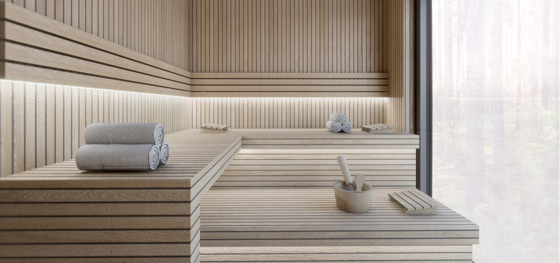 Innenansicht des Saunamoduls METSA. Zu sehen ist ein gemütlicher Saunabereich, verkleidet mit Holz und Handtüchern auf der Bank rechts. Große Panoramafenster auf der linken Seite ermöglichen einen Blick auf den erkennbaren Wald im Hintergrund.