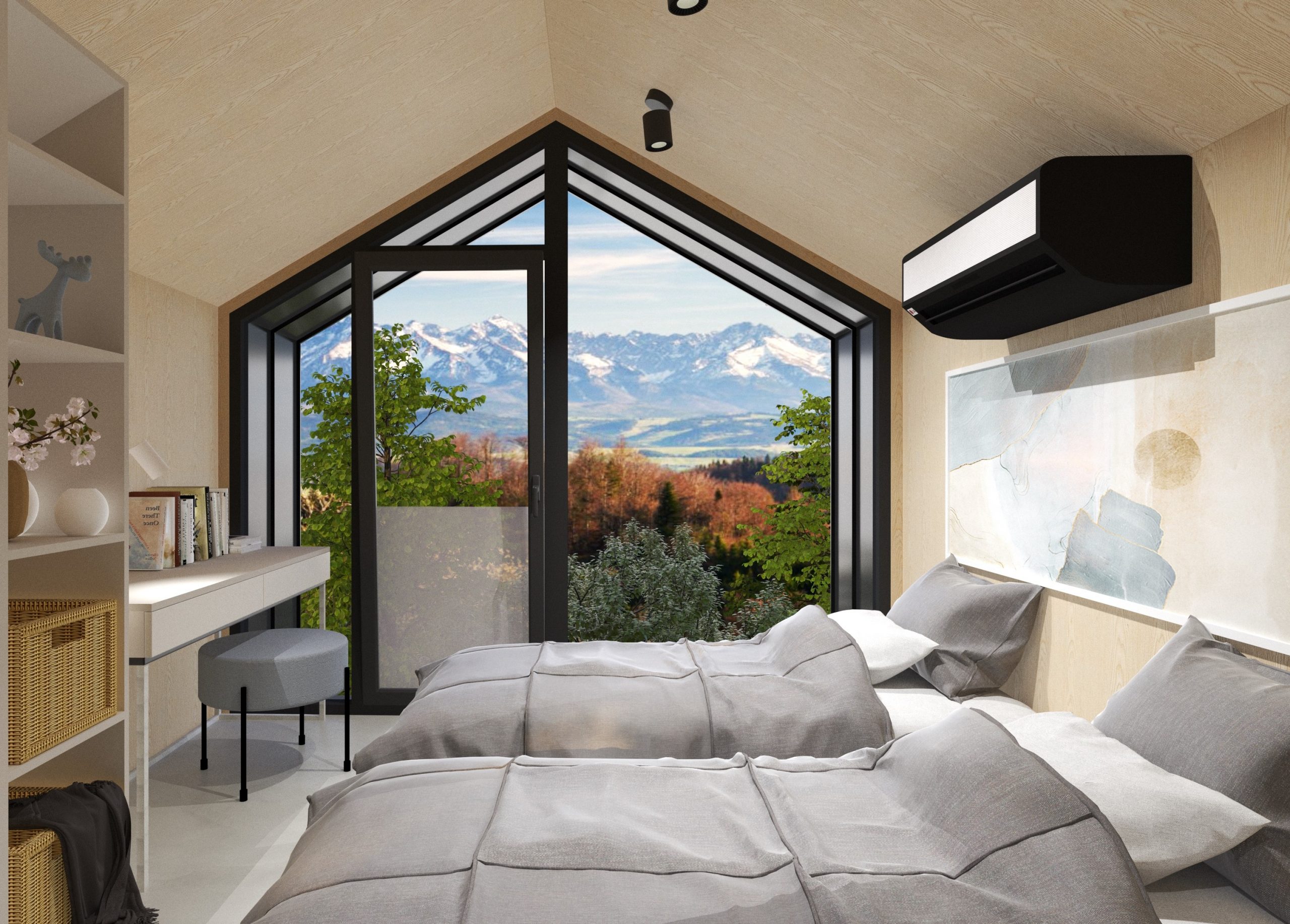 Ein Blick ins Schlafzimmer im Obergeschoss des Modulhauses Sol. Rechts stehen zwei Betten und links ein Regal mit einem Schreibtisch. Die Möbel im Raum sind modern. An der hinteren Wand befindet sich ein großes Fenster, das der Dachform folgt.
