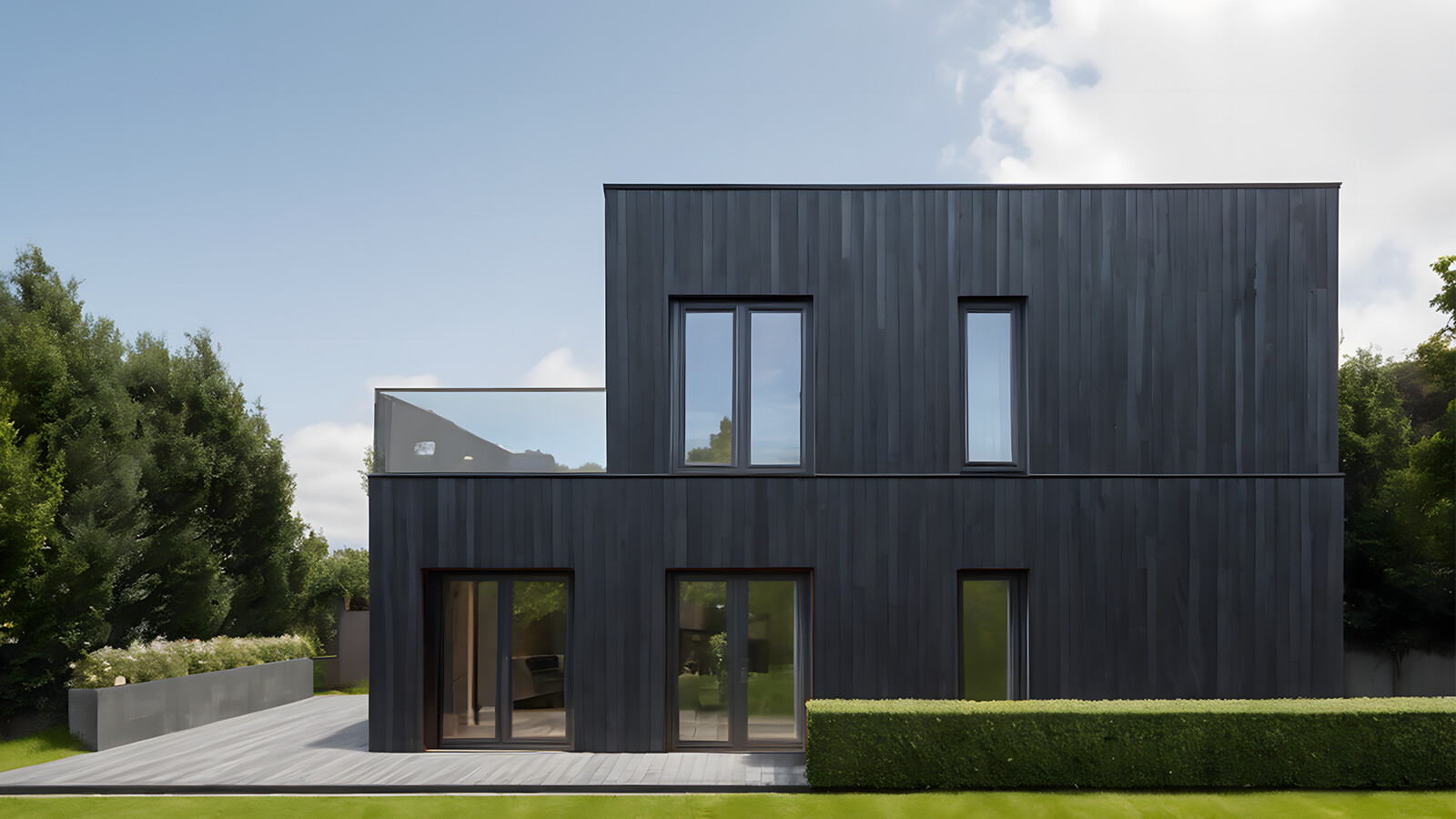 Modulhaus Stor Außenansicht Holzfassade Tag 1