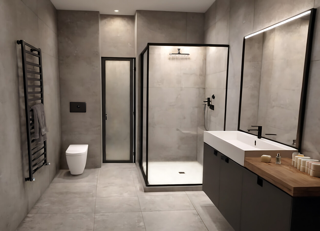 Modulhaus Stor Badezimmer. Links eine Toilette und rechts eine große Duschkabine. Vor der Duschkabine ist ein großer Spiegel und Waschbecken.