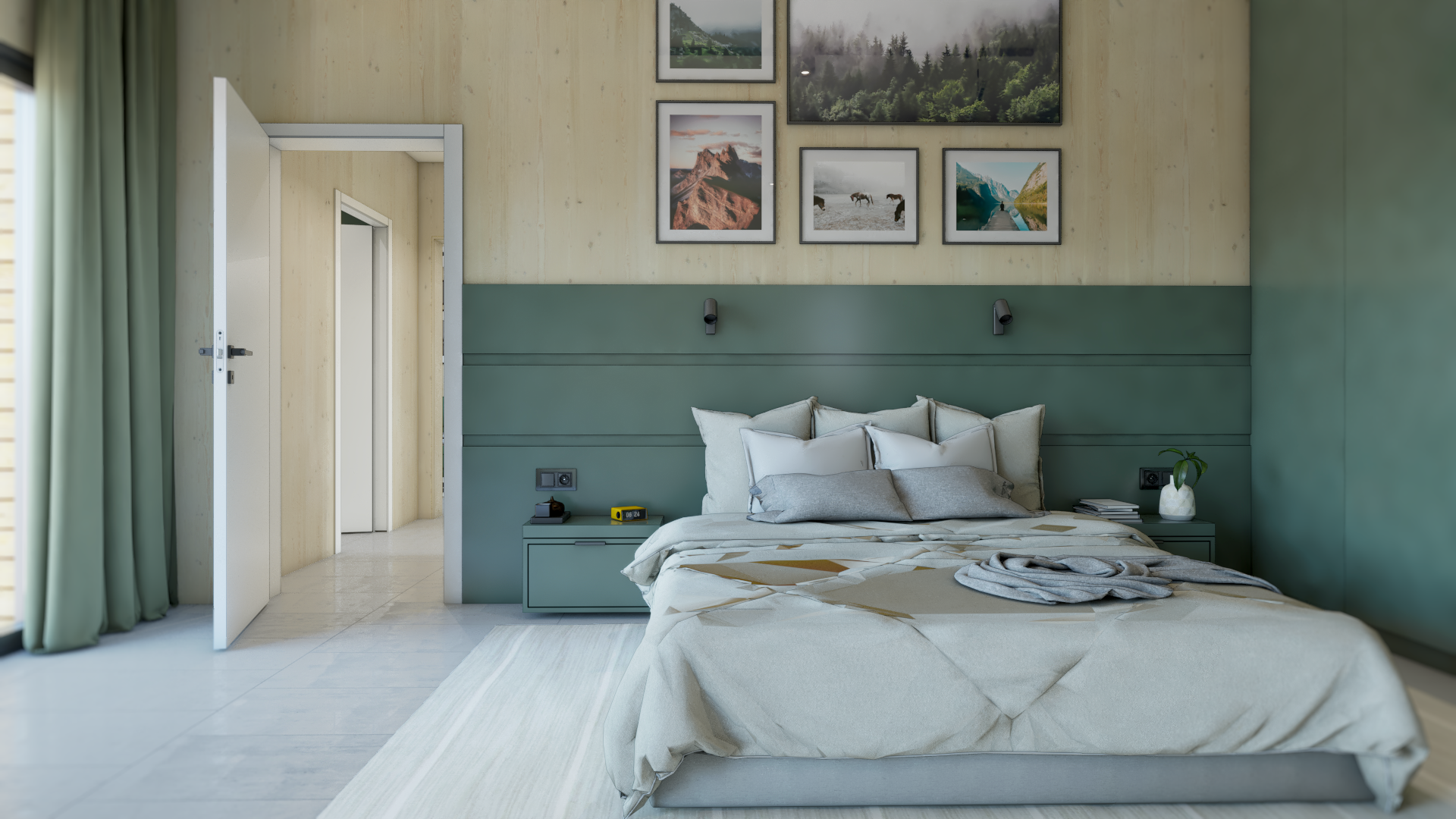 Modulhaus Vennlig Schlafzimmer. Wände aus Holz und hinter dem Bett sind grüne Paneele. In der Mitte ist ein großes Bett und rechts ist ein Schrank.